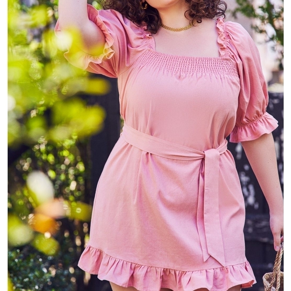 Eloquii Pink Square Neck Ruffled Smocked Front Linen Mini Day Dress